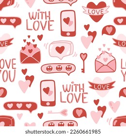 Valentine s day. love concept cute vector illustration seamless pattern with hearts, love, flowers, envelope, arrows, cup of coffee and cupcakes.