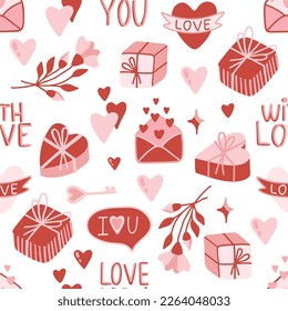 Valentine s day. love concept cute vector illustration seamless pattern with hearts, love, flowers, envelope, arrows, cup of coffee and cupcakes.