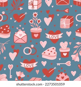Valentine s day. love concept cute vector illustration seamless pattern with hearts, love, flowers, envelope, arrows, cup of coffee and cupcakes.