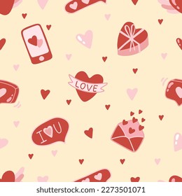 Valentine s day. love concept cute vector illustration seamless pattern with hearts, love, flowers, envelope, arrows, cup of coffee and cupcakes.