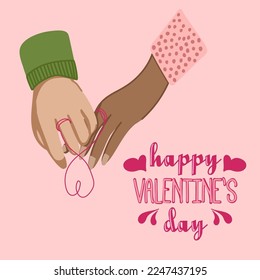 Valentine s Day Love and February 14. Vector cute illustrations. Postcard with hands tied with red thread. Drawings for a postcard, poster or card.