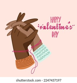 Valentine s Day Love and February 14. Vector cute illustrations. Postcard with hands tied with red thread. Drawings for a postcard, poster or card.