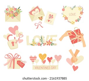 Valentine s Day with Love Heart, Gift Box and Envelope with Blooming Flowers Vector Set