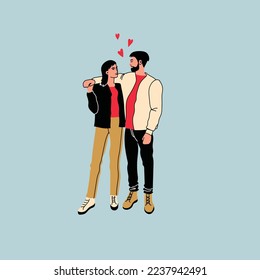 Valentine s day, love tenderness and romantic feelings concept. Young loving smiling couple boy and girl standing hugging each other feeling in love illustration