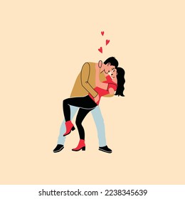 Valentine s day, love tenderness and romantic feelings concept. Young loving smiling couple boy and girl standing hugging each other feeling in love illustration