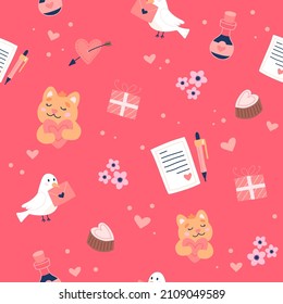Valentine s day pattern with cute doves, cats and love letters. Hand drawn vector illustration