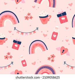 Valentine s day pattern with cute hearts, rainbows and gifts. Hand drawn vector illustration