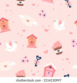 Valentine s day pattern with cute doves, letterboxes and keys. Hand drawn vector illustration