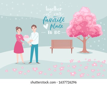Valentine s Day romantic beloved couple, cartoon people characters boy with heart and flowers and a girl lovers vector illustration. Valentines day of love background with pink blossom tree.