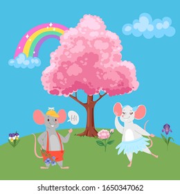 Valentine s Day romantic couple of lovely mice in love, cartoon animals characters boy mouse, love-tree, rainbow and mouse-girl lovers vector illustration. Valentines day of love for mice.