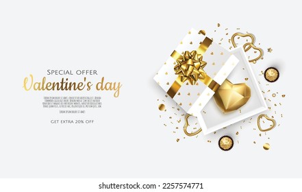 Valentine s day sale background with 3d heart and gift box. Vector background for poster, banners, flyers, card.
