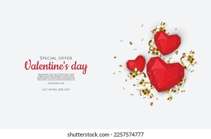 Valentine s day sale background with 3d heart. Vector background for poster, banners, flyers, card.