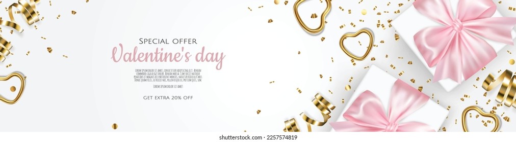 Valentine s day sale background with 3d heart and gift box. Vector background for poster, banners, flyers, card.