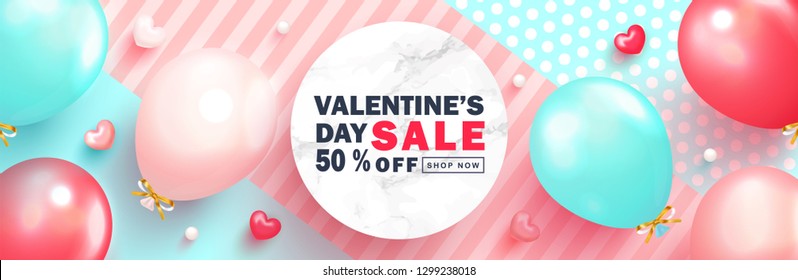 Valentine s Day sale background.Romantic composition with hearts, balloons and beads. Vector illustration for website , posters,ads, coupons, promotional material.