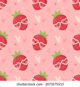 Valentine s Day seamless background. Cute cartoon strawberry wearing heart glasses. Vector illustration.