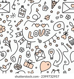 Valentine s Day. Seamless doodle illustration. Elements for design of fabric, wallpaper or wrapping paper