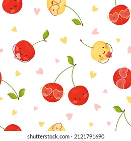 Valentine s Day seamless pattern. Cute cartoon cherry with heart glasses. Vector illustration. White background.