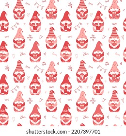 Valentine s Day Seamless pattern with cute cartoon gnomes holding hearts. Pink dwarfs characters and handwritten words. Color vector illustration on white background.