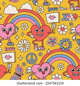 Valentine s day Seamless pattern with hearts mascot characters, rainbow. Weird retro vintage face expressions. Y2K old cartoon comics groovy heart print. Vector Backdrop with contour drawing doodle.