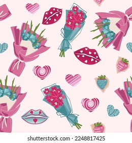 Valentine s Day seamless pattern. A print with bouquets of flowers, lips, hearts, and chocolate-covered strawberries. Can be used for the design of fabric print, wrapping paper, or romantic greeting c