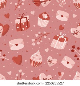 Valentine s Day seamless pattern with hand drawn elements on bright background. Flower, letter, coffee. Background for gift wrapping or fabric design.
