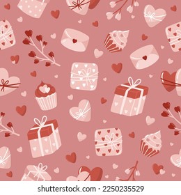 Valentine s Day seamless pattern with hand drawn elements on bright background. Flower, letter, coffee. Background for gift wrapping or fabric design.
