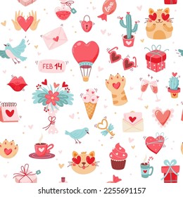 Valentine s day seamless pattern with cute elements. wedding and love concept. Vector illustration in flat cartoon style
