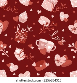 Valentine s Day seamless pattern with hand drawn elements on bright background. Flower, letter, coffee. Background for gift wrapping or fabric design.