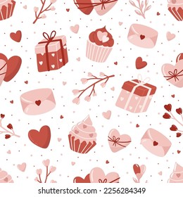 El día de San Valentín es un patrón sin fisuras con elementos dibujados a mano sobre un fondo brillante. Flor, letra, café. Fondo para envoltura de regalo o diseño de tela.