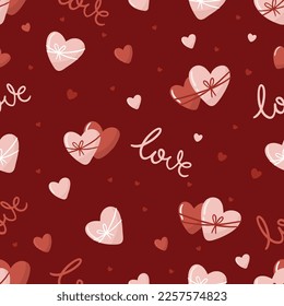 Valentine s Day seamless pattern with hand drawn elements on bright background. Flower, letter, coffee. Background for gift wrapping or fabric design.