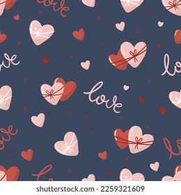 Valentine s Day seamless pattern with hand drawn elements on bright background. Flower, letter, coffee. Background for gift wrapping or fabric design.