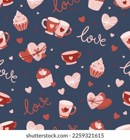 Valentine s Day seamless pattern with hand drawn elements on bright background. Flower, letter, coffee. Background for gift wrapping or fabric design.