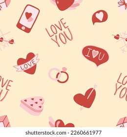 Valentine s Day seamless pattern with hand drawn elements on bright background. Flower, letter, coffee. Background for gift wrapping or fabric design.