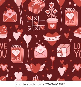 Valentine s Day seamless pattern with hand drawn elements on bright background. Flower, letter, coffee. Background for gift wrapping or fabric design.
