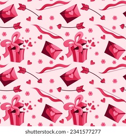 Valentine s Day seamless pattern. Pink gift with ribbon. Vector. Can be used to create charming and romantic designs for greeting cards, gift wrapping, stationery, or other love-themed materials.