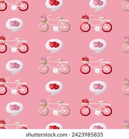 Patrón sin fisuras del día de San Valentín con bicicletas vintage con cesta llena de corazones sobre el vector de fondo rosa