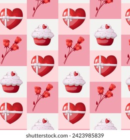 Valentinstag nahtloses Muster mit rotem Herz, roten Rosen und Cupcakes auf rotem und rosafarbenem Hintergrund Vektorgrafik