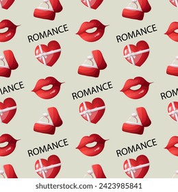Valentine s day seamless pattern with wedding ring in red box, red heart and red lipstick kiss on cream color background vector
