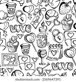 Valentine s Day seamless pattern in doodle style. Vector background for fabric, textile, wallpaper, posters, gift wrapping paper, napkins