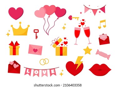 Valentine S Day Set Element. Gift, Heart, Balloon, Kiss, Key, Candy And Others Eps 10