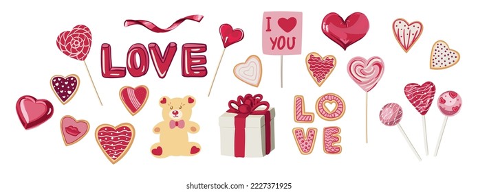 Día de San Valentín. Lozenges en forma de corazón, dulces y galletas. La inscripción amor. Colección de elementos de diseño de scrapbooking para el día de San Valentín. Paquete de iconos vectoriales románticos.