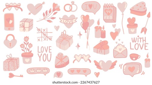 Valentine s Day set love elements, balloons, hearts, envelope, mugs, cupcake, ice cream. Suitable for stickers, party invitations, greeting cards, posters