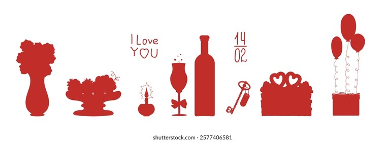 Valentine s Day set of monochrome silhouettes. A set of icons a vase with flowers, a cake, a candle, a bottle with a wine glass, a gift box with balls, and the inscription I love you. Holiday design