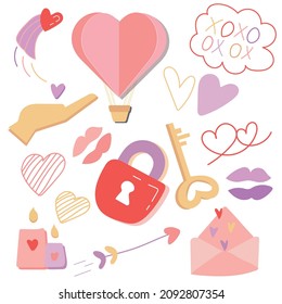 Valentine s Day set - vector illustration with cute stickers pack in cartoon style with love symbols for valentine's day. Large collection of clip arts. Hand drawn and doodle style. Design elements