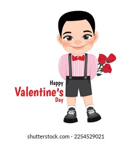 Valentine s day with short buzzcut hair little boy holding bouquet of red roses cartoon character design vector