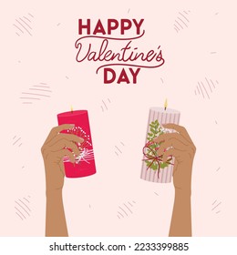 Valentine s day square greeting card with candles, hands, gifts, greenery and lettering wishes. Happy Valentine s day posters, invitation. Zero waste eco gifts. Hand drawn vector illustration. 
