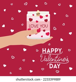 Valentine s day square greeting card with candle, female hand, greenery and lettering wishes. Happy Valentine s day posters, invitation. Zero waste eco gifts. Hand drawn vector illustration. 