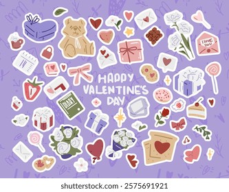 Valentine s Day Stickers. A collection of Valentine s Day-themed stickers on a purple background, featuring hearts, flowers, gifts, and romantic elements. Perfect for greeting cards and designs.