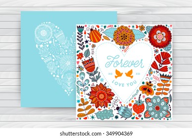Valentine s day template greeting card. Flowers in heart shape on table wood top.  Heart made of flowers. Doodle Heart. Valentines day card.