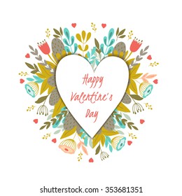 Valentine s day template greeting card. Flowers and heart shape. Heart made of flowers. Doodle Heart. Valentines day card.
